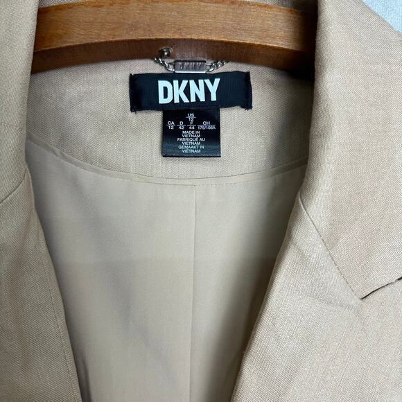 New DKNY Women’s Tan Double Breasted Slim Fit Suit Blazer Size Large Linen - Picture 3 of 5